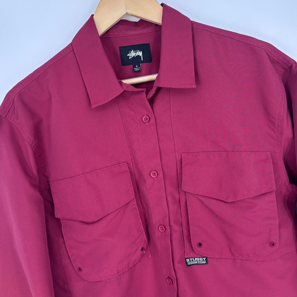 Stussy Range Utility Button Up Shirt Mens Small Burgundy Long Sleeve Streetwear
